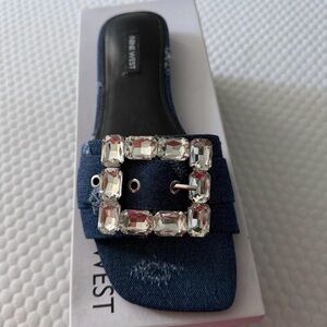 Nine West Denim Slide Mule with Crystal Buckle - Navy